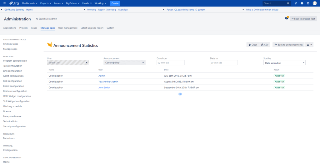 Example of quick filtering in „GDPR (DSGVO) and Security for Jira“