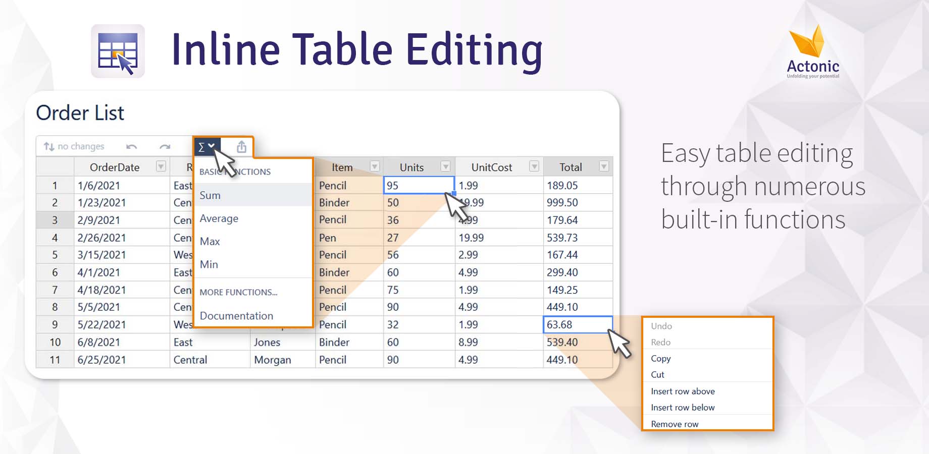 Easy table editing through numerous built-in functions